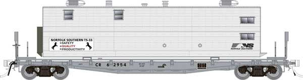 Rapido HO Class F30A 50' Flatcar w/Office, Kitchen, Diner Trailer 3-Pack - Ready to Ru -- Norfolk Southern #62879, 62893, 62904 (MOW Gray, yellow)