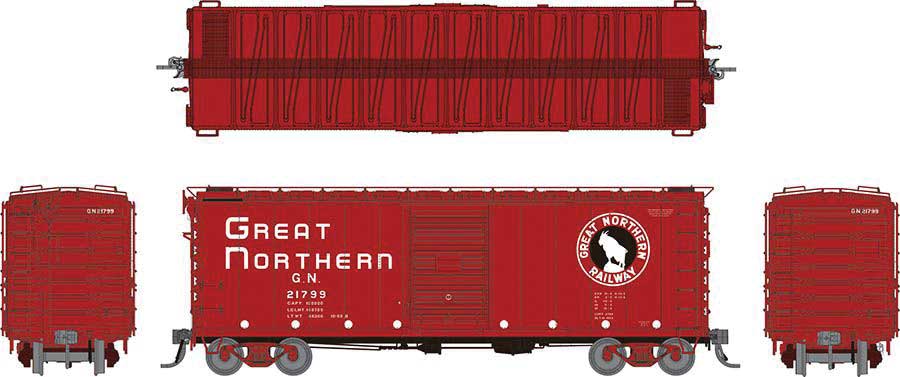 Rapido Trains HO GN 40' 12-Panel Boxcar w/Early Improved Dreadnaught Ends - Ready to Run -- Great Northern (Chinese Red, black, white)