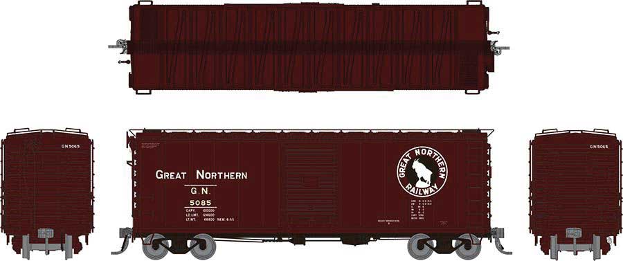 Rapido Trains HO GN 40' 12-Panel Boxcar w/Late Improved Dreadnaught Ends - Ready to Run -- Great Northern (Mineral Red, black, white)