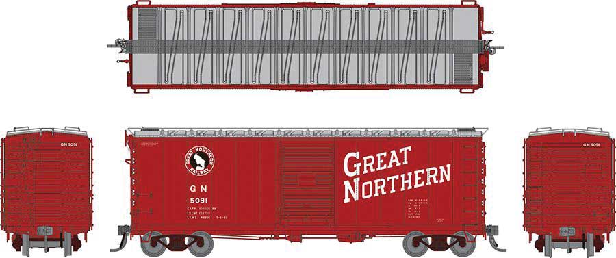 Rapido Trains HO GN 40' 12-Panel Boxcar w/Late Improved Dreadnaught Ends - Ready to Run -- Great Northern (Chinese Red, silver, black, white, Large Lettering)