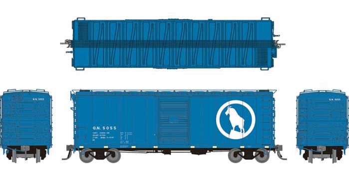 Rapido Trains HO GN 40' 12-Panel Boxcar w/Late Improved Dreadnaught Ends - Ready to Run -- Great Northern (Big Sky Blue, white, Large Rocky Silhouette)