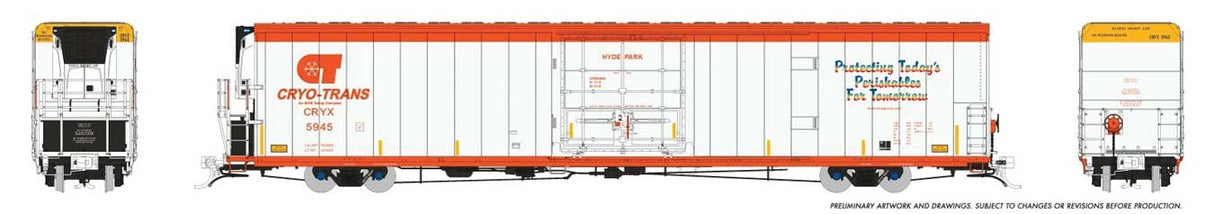 Rapido HO Greenbrier 72' IL 7780 Mechanical Reefer - With Sound - Ready to Run -- Cyro-Trans CRYX #5945 Spuds (white, orange)