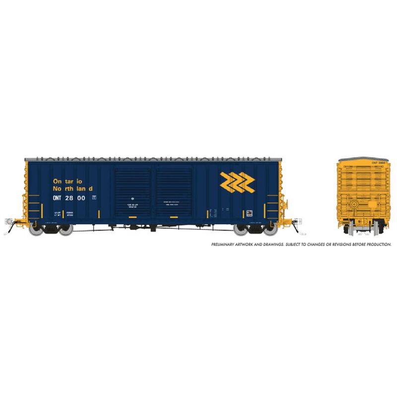 Pacific Car & Foundry B-70-69/71/75 Boxcar - Ready to Run -- Ontario Northland (blue, yellow, Chevron Logo)