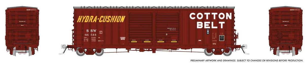 Rapido Trains HO Pacific Car & Foundry B-70-69 Boxcar - Ready to Run -- Cotton Belt SSW (Boxcar Red, white, yellow)(Random Road # from set 5)