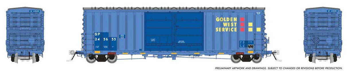 Rapido Trains HO Pacific Car & Foundry B-70-75 Boxcar - Ready to Run -- Southern Pacific #245655 (Patched, Weathered, Ex-Golden West, blue, yellow,