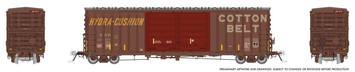 Rapido Trains HO Pacific Car & Foundry B-70-69 Boxcar - Ready to Run -- Cotton Belt SSW #67177 (Patched, Weathered, Boxcar Red, white, yellow)