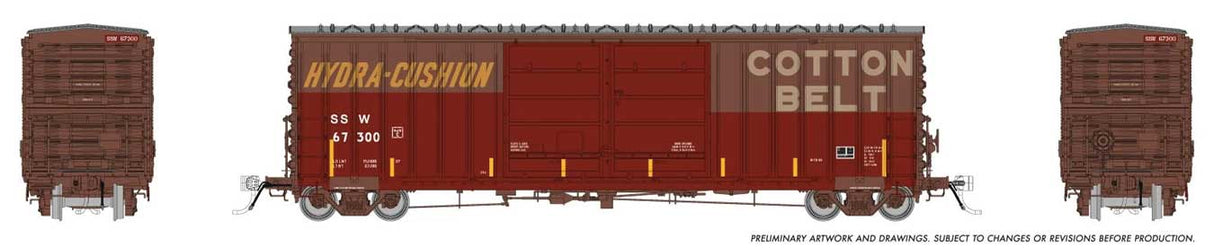 Rapido Trains HO Pacific Car & Foundry B-70-69 Boxcar - Ready to Run -- Cotton Belt SSW #67300 (Patched, Weathered, Boxcar Red, white, yellow)