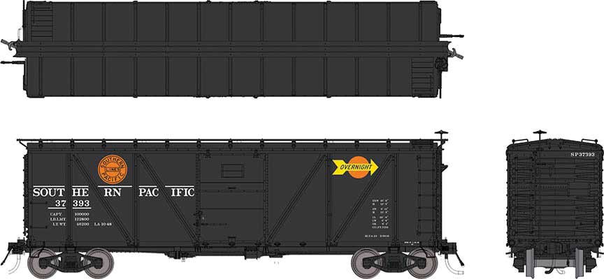 Class B-50-16 Boxcar - Rebuilt w/Viking Roof - Ready to Run -- Southern Pacific (Overnight Scheme, black, red, yellow)