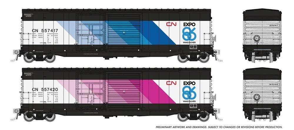Rapido Trains HO NSC 5304 Plug & Sliding Door Boxcar 2-Pack - Ready to Run -- Canadian National (Expo 86 Schemes, black, red,1 each: blue, purple)