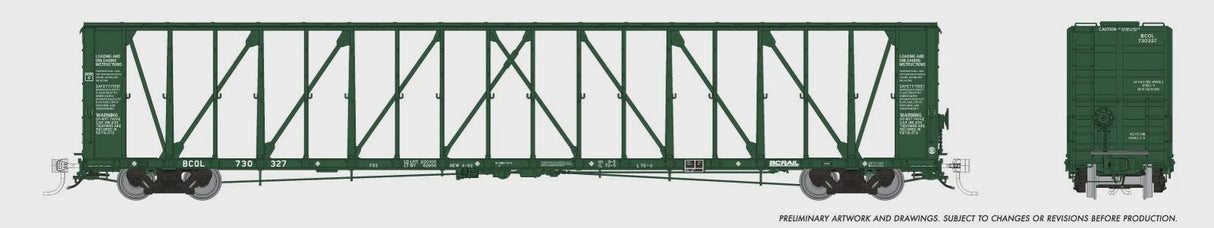 Rapido HO NSC 73' Centerbeam Flatcar - Ready to Run -- BC Rail (1990 Scheme, green) (Random Road #)
