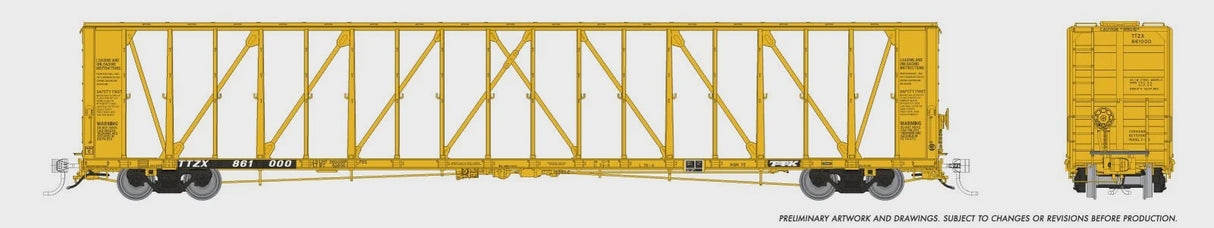 Rapido HO NSC 73' Centerbeam Flatcar - Ready to Run -- Trailer-Train TTZX (1994, Early Scheme, yellow, black, Ribbed Deck) (Random Road #)