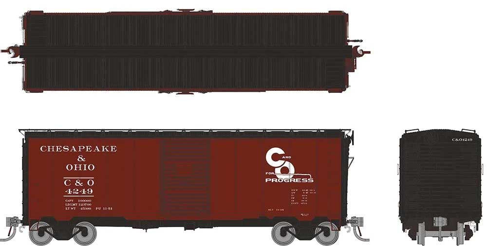 Rapido Trains HO 1937 AAR 40' Boxcar w/Square Corner - Ready to Run -- Chesapeake & Ohio (Boxcar Red, black, Progress Logo) (Random Road #)