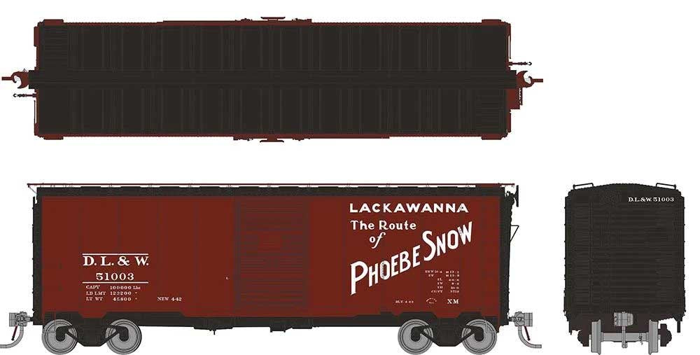 Rapido Trains HO 1937 AAR 40' Boxcar w/Round Corner - Ready to Run -- Delaware, Lackawanna & Western (Boxcar Red, black, Phoebe Snow Slogan) (Random Road #)
