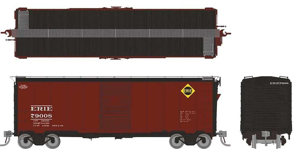 Rapido Trains HO 1937 AAR 40' Boxcar w/Round Corner - Ready to Run -- Erie (Boxcar Red, black, yellow, white) (Random Road #)