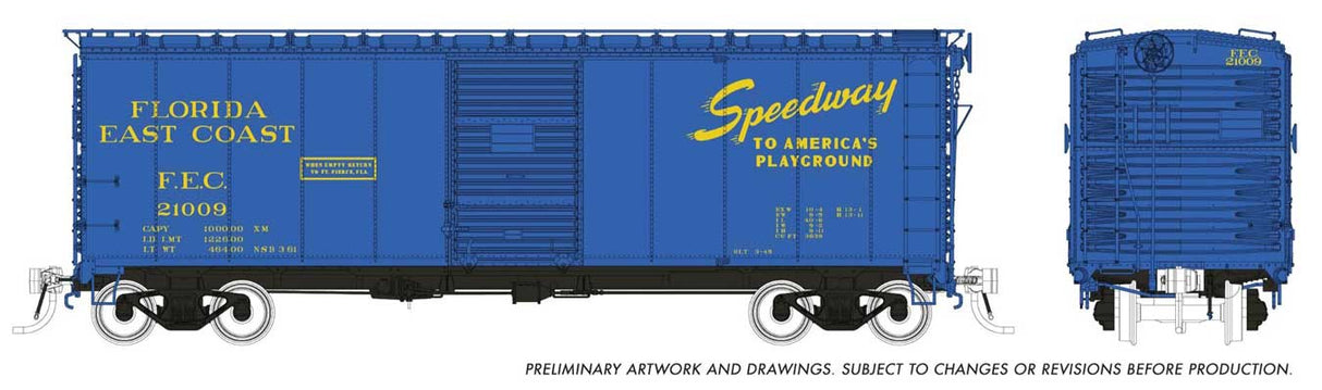 Rapido Trains HO 1937 AAR 40' Boxcar w/Round Corner - Ready to Run -- Florida East Coast (blue, yellow Speedway Slogan) (Random Road #)