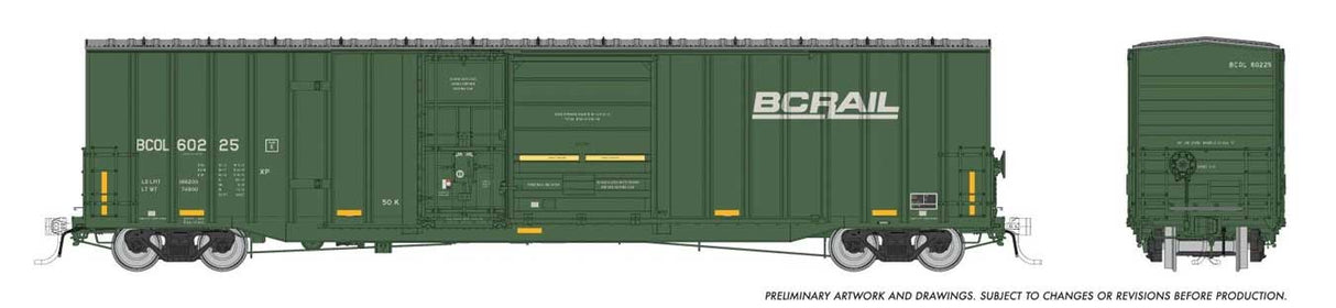 Rapido Trains HO Trenton Works 6637 Cubic Foot Combination-Door Boxcar - Ready to Run -- BC Rail Random from Set #2 (Weathered, green, yellow conspicuity marks)