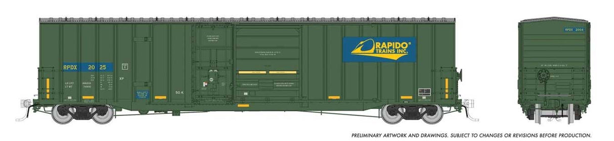 Rapido Trains HO Trenton Works 6637 Cubic Foot Combination-Door Boxcar - Ready to Run -- Rapido Trains #2019 (green, blue, yellow Logo)