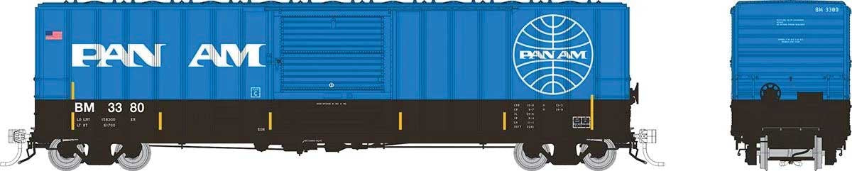 Rapido Trains HO Pacific Car & Foundry 5241 Cubic Foot 50' Boxcar - Ready to Run -- Pan-Am B&M (blue, black, white) (Random Road #)