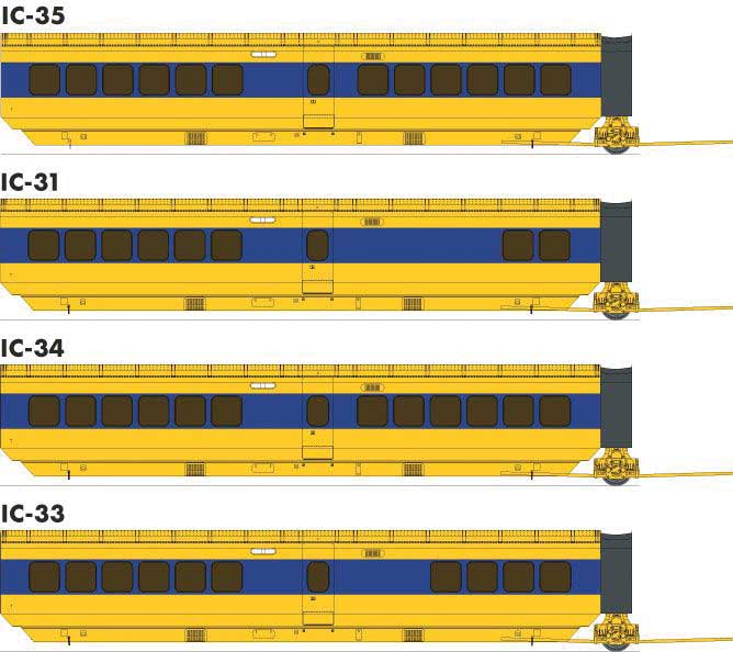 Rapido Trains HO UAC TurboTrain Add-On Coach (2022 Ver.) 4-Car Completion Set - Ready to Run -- VIA Rail Canada #263-257-254 & IC-34 #264 (yellow, blue)