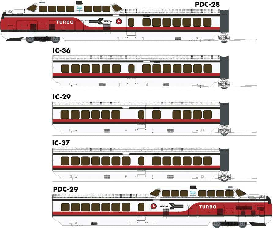 Rapido Trains HO UAC TurboTrain 5-Car Passenger Train-Only Set (2022 Ver.) - Sound & DCC Equipp -- Amtrak #52-73-74-75-53 (Early Scheme, white, red, blue)