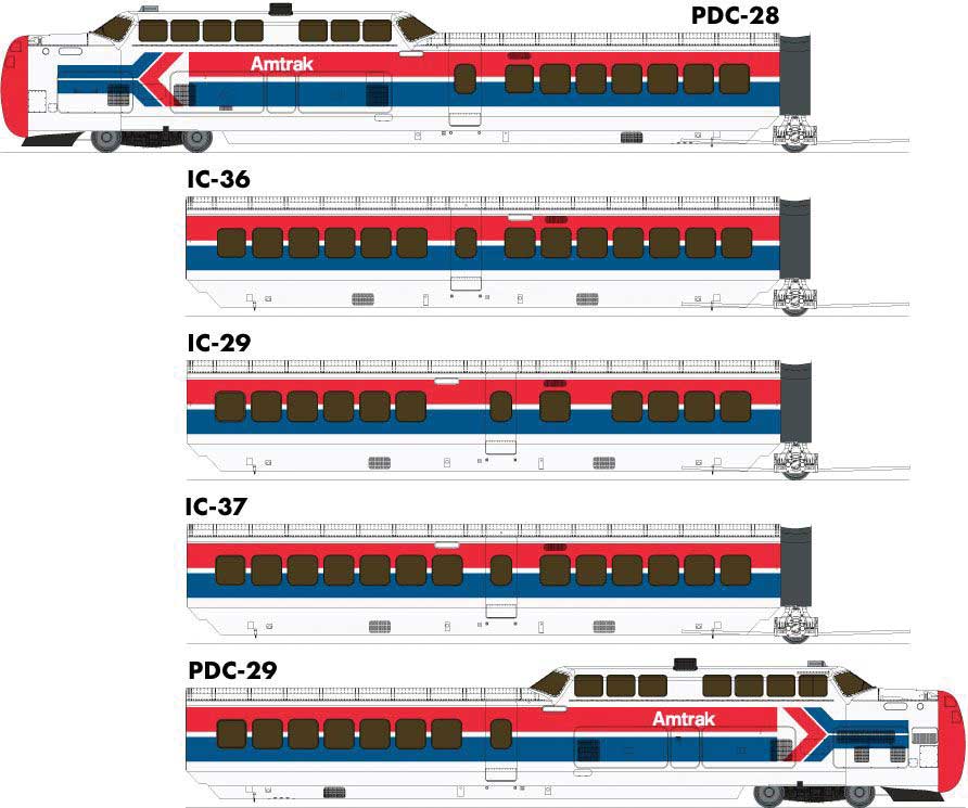 Rapido UAC TurboTrain 5-Car Passenger Train-Only Set (2022 Ver.) - Sound & DCC Equipp -- Amtrak #50-70-71-72-51 (Late Scheme, white, red, blue)
