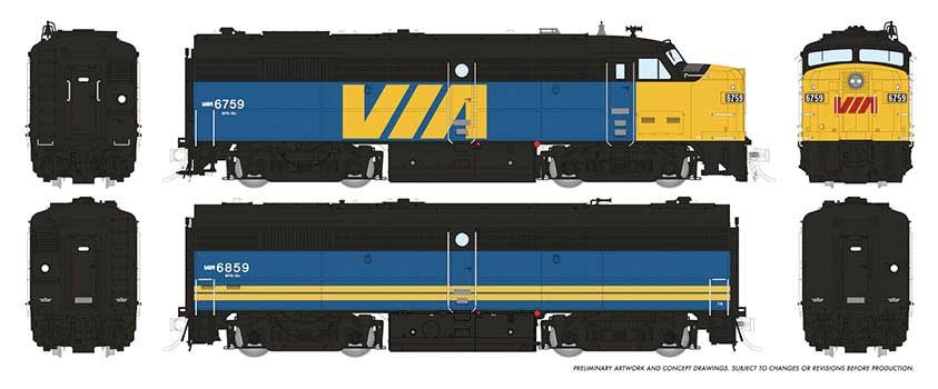 MLW FPA-2u - FPB-2u Set - Sound and DCC -- VIA Rail Canada 6759, 6859 (blue, yellow, red)