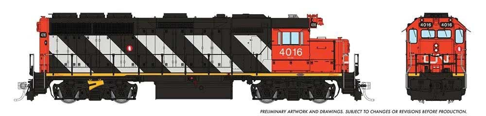 Rapido Trains HO EMD GP40 - LokSound and DCC -- Canadian National #4012 (1978, black, red, white stripes)