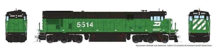 Rapido Trains HO GE C30-7 - ESU LokSound and DCC -- Burlington Northern #5514 (Early Cascade Green, black, white)