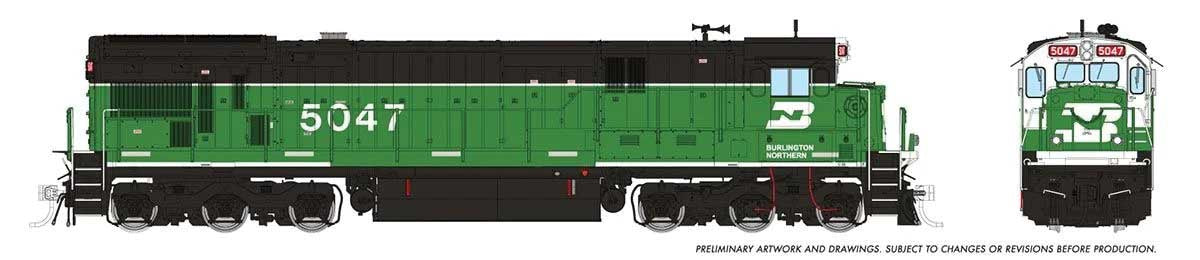 Rapido HO GE C36-7 - Sound and DCC -- Burlington Northern #5047 (Whiteface Scheme w/Stripe, Cascade Green, black)