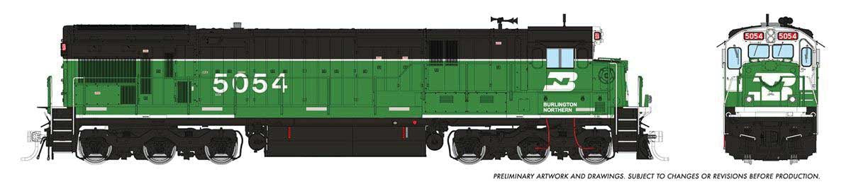 Rapido HO GE C36-7 - Standard DC -- Burlington Northern #5054 (Whiteface Scheme w/Stripe, Cascade Green, black)