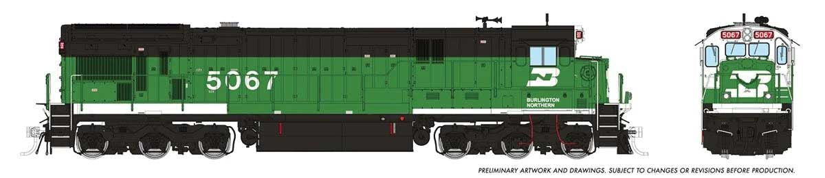Rapido HO GE C36-7 - Standard DC -- Burlington Northern #5067 (Whiteface Scheme, Cascade Green, black)