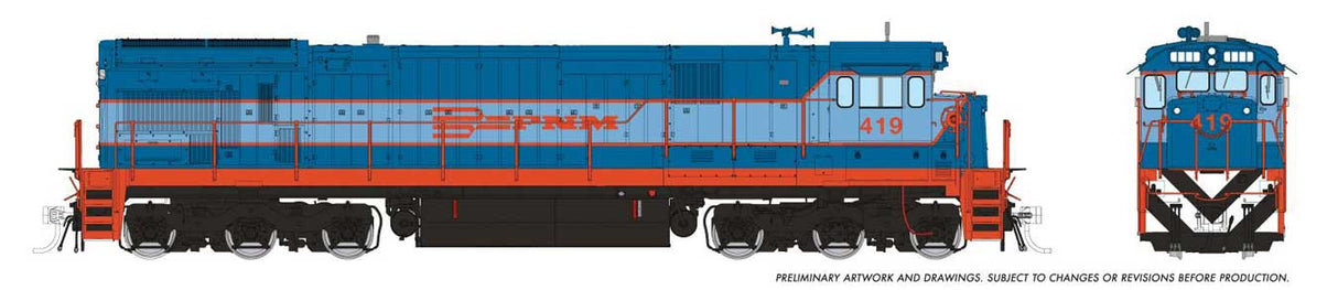 Rapido HO GE C36-7 - Sound and DCC -- Ferrocarriles Nacionales de Mexico #419 (blue, orange, black, white)