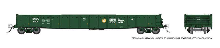 Rapido Trains 52' 6" Canadian Mill Gondola - Ready to Run -- British Columbia Railway (green, white, yellow, Dogwood Logo) - RPI50047A