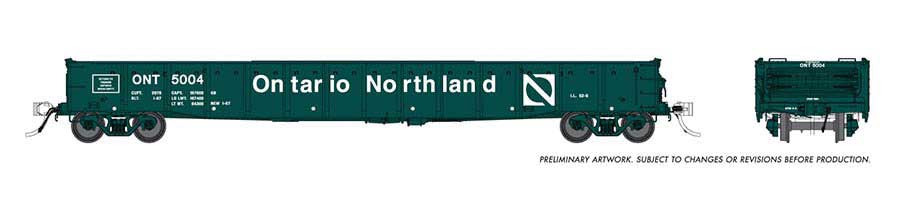 Rapido Trains 52' 6" Canadian Mill Gondola - Ready to Run -- Ontario Northland (Progressive Scheme, green, white) - RPI50053A