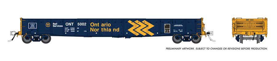 Rapido Trains 52' 6" Canadian Mill Gondola - Ready to Run -- Ontario Northland (blue, yellow, Chevron Logo) - RPI50054A