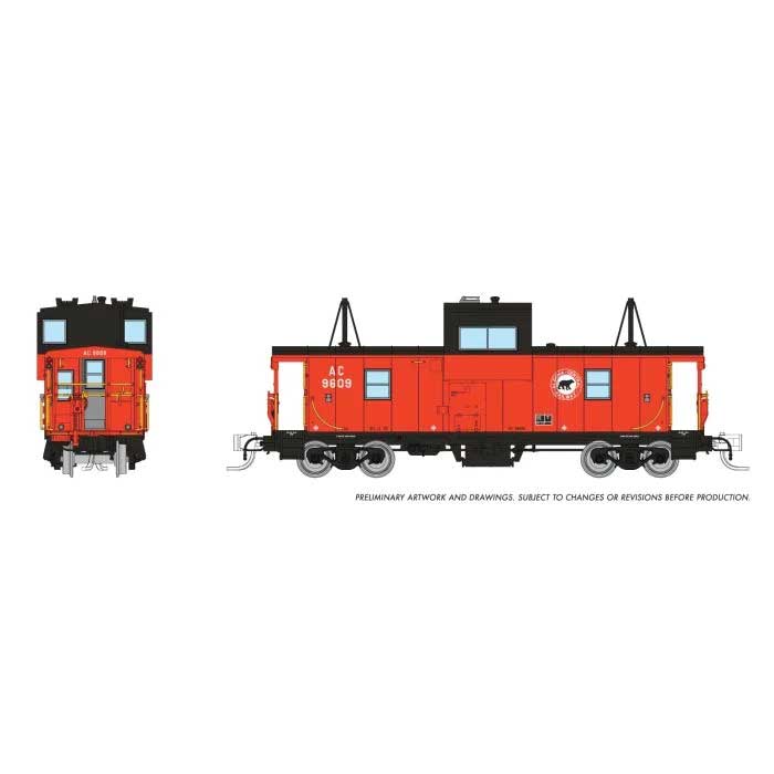 Rapido Trains N-Scale Angus Shops Wide Vision Caboose with Lights - Ready to Run -- Algoma Central #9607 (red, black)