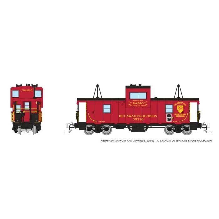 Rapido Trains N-Scale Angus Shops Wide Vision Caboose with Lights - Ready to Run -- Delaware & Hudson #35717 (red, black, yellow, Bridge Line Logo/Slogan)