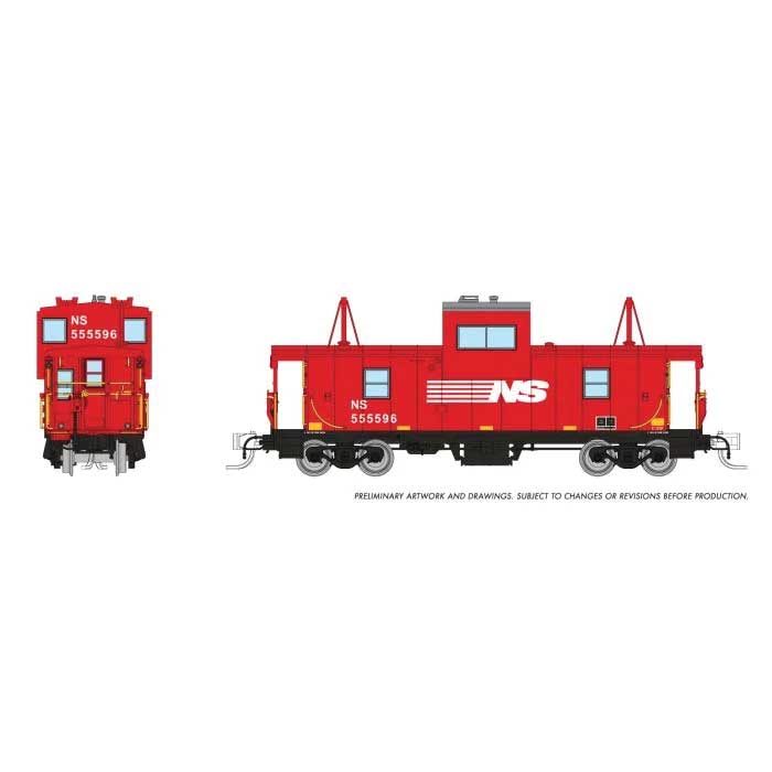 Rapido Trains N-Scale Angus Shops Wide Vision Caboose with Lights - Ready to Run -- Norfolk Southern #555596 (red, white)