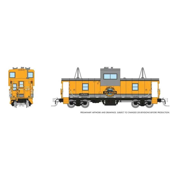 Rapido Trains N-Scale Angus Shops Wide Vision Caboose with Lights - Ready to Run -- Denver & Rio Grande Western #01506 (Aspen Gold, silver, black)