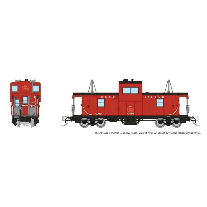 Rapido Trains N-Scale Angus Shops Wide Vision Caboose with Lights - Ready to Run -- Rock Island #17017 (red, black)