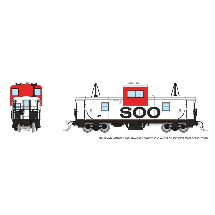 Rapido Trains N-Scale Angus Shops Wide Vision Caboose with Lights - Ready to Run -- Soo Line #45 (white, black, red)