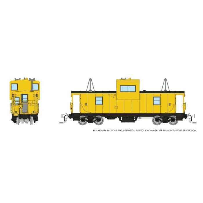Rapido Trains N-Scale Angus Shops Wide Vision Caboose with Lights - Ready to Run -- Painted, Unlettered (yellow, black)