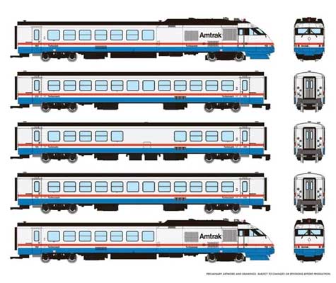 Rapido N ROHR RTL Turboliner 5-Unit Set - ESU LokSound and DCC -- Amtrak Set #2 (Phase III Late, white, blue, red, black roof)