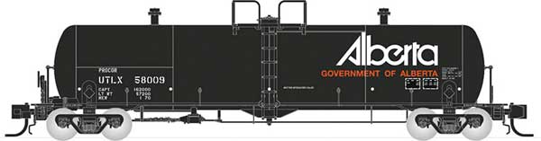 Rapido Trains N Scale Procor GP20 20,000-Gallon Tank Car 6-Pack - Ready to Run -- Government of Alberta UTLX Set 1 (As Delivered, black, white, yellow) - RPI535009