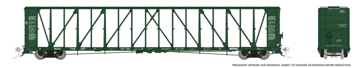 Rapido Trains N-Scale NSC73' Centerbeam Flatcar 6-Pack - Ready to Run – BC Rail (1990 Scheme, green)