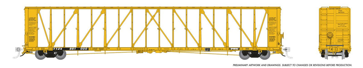 Rapido N NSC 73' Centerbeam Flatcar 6-Pack - Ready to Run -- TTX TTZX (1994, Early Scheme, yellow, black, Ribbed Deck)
