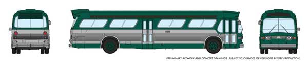 Rapido Trains 1959-1986 GM New Look-Fishbowl Bus with Working Headlights - Assembled -- New York (green, silver) - RPI573004