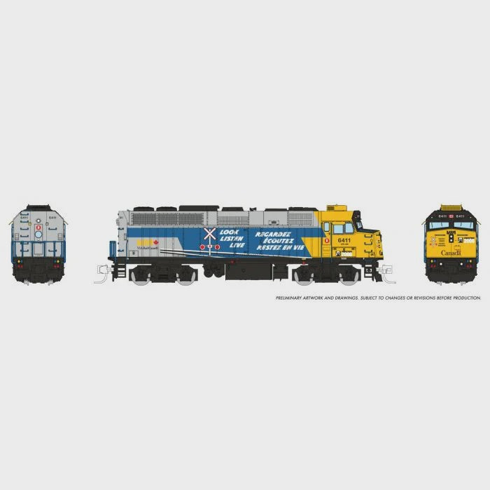 Rapido Trains N GMD F40PH-2D - Sound and DCC -- VIA Rail Canada #6411 (Operation Lifesaver Scheme, gray, blue, yellow)