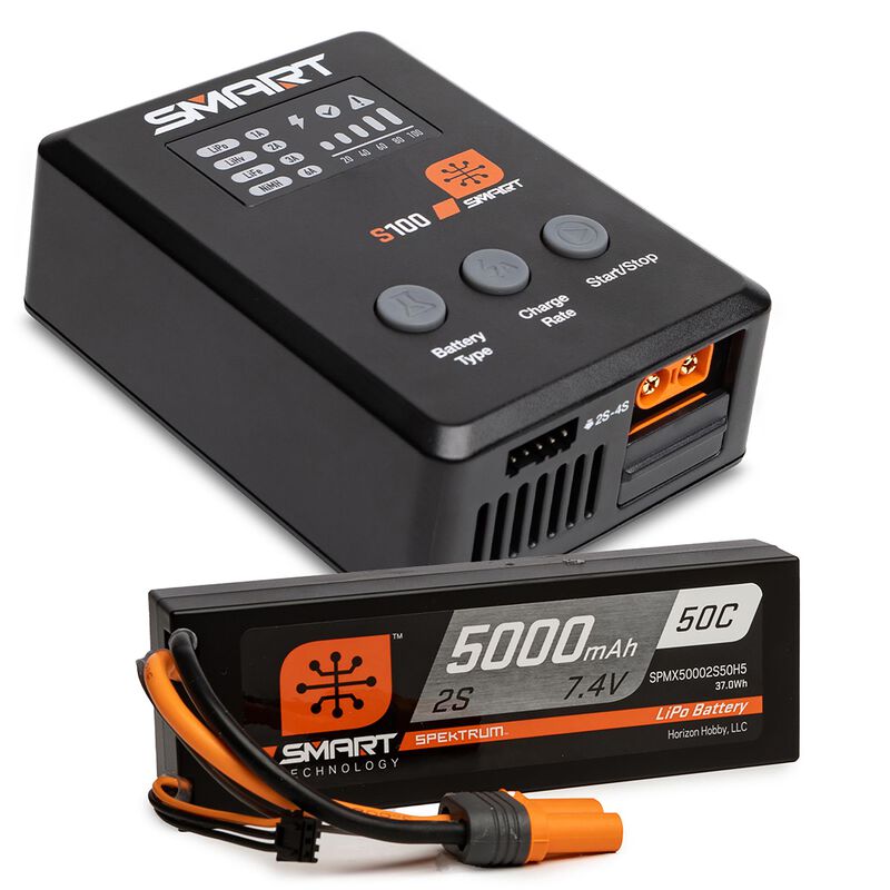 Spektrum Smart Powerstage Surface Bundle: 5000mAh 2S 50C LiPo Battery (IC5) / 100W S100 Charger