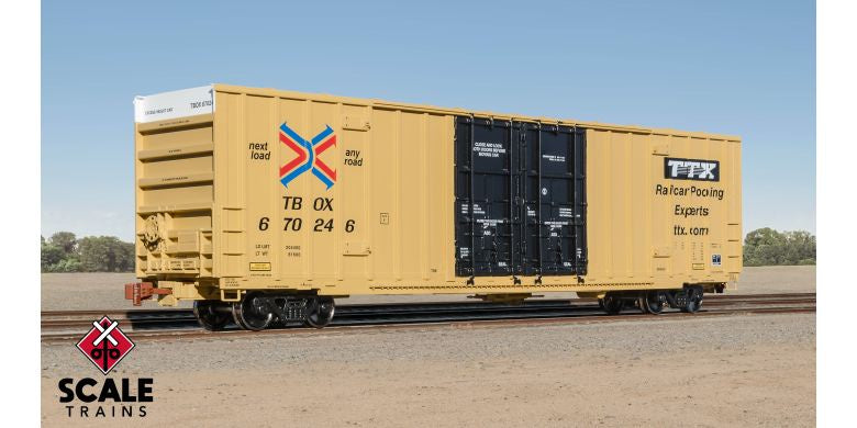 Operator HO Scale Trinity 60' 7500 8' Double-Plug-Door High-Cube Boxcar, TTX/Speed Logo/TBOX/Conspicuity Stripes / 670271 /